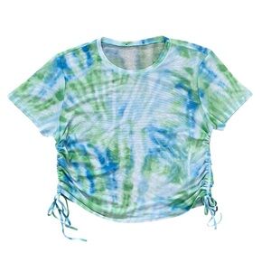 Tie Dye Mesh Crop Top Short Sleeve Stretchy Ruched String Side Sheer Fits Large